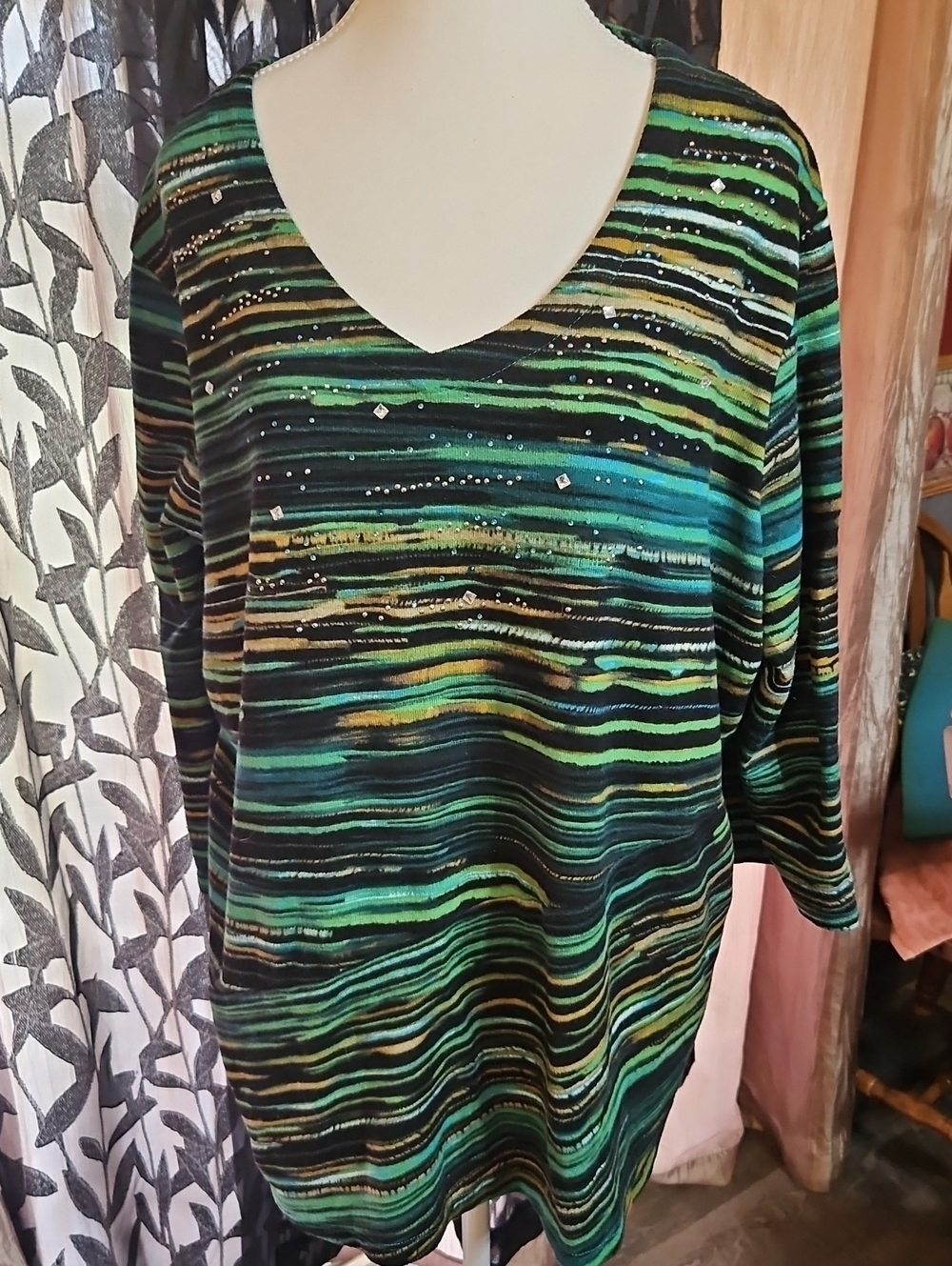 Onque Casuals Striped Long Sleeve V-Neck Top in Green Teal and Black